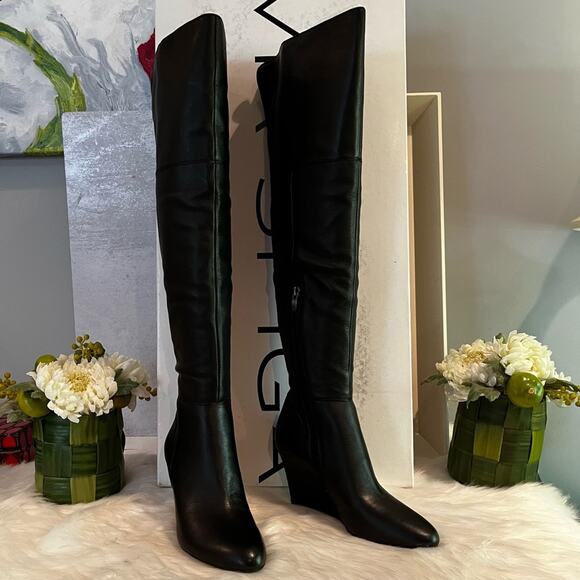 NEW Via Spiga Leather Wedge Over the Knee Kennedy OTK Wedge Heel Boots Black S… - Picture 2 of 16